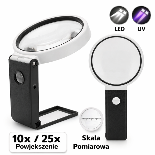 Lupa jubilerska składana 10x / 25x LED + UV ze skalą – precyzyjna lupa inspekcyjna premium